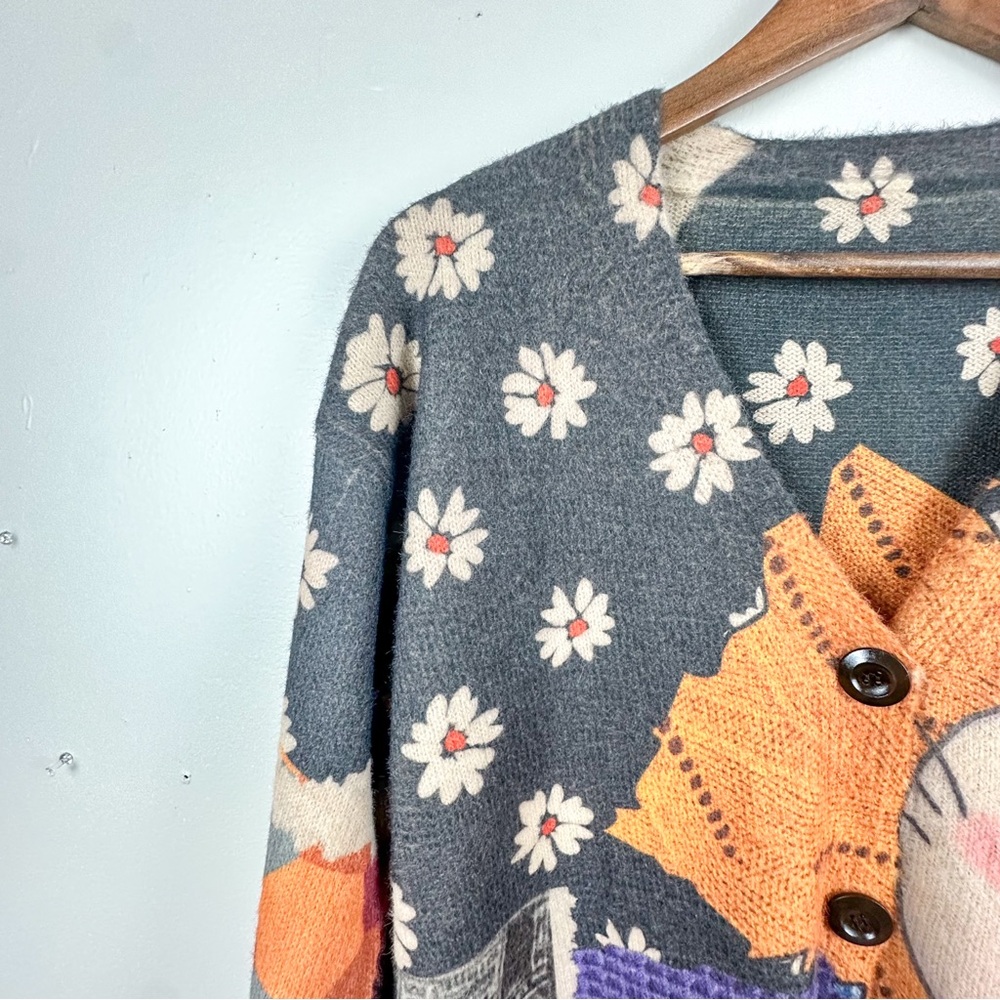 Retro Boho Cotton Wool Patchwork Cat Print Colorful Long Sleeve Cardigan Sweater - Picture 10 of 13